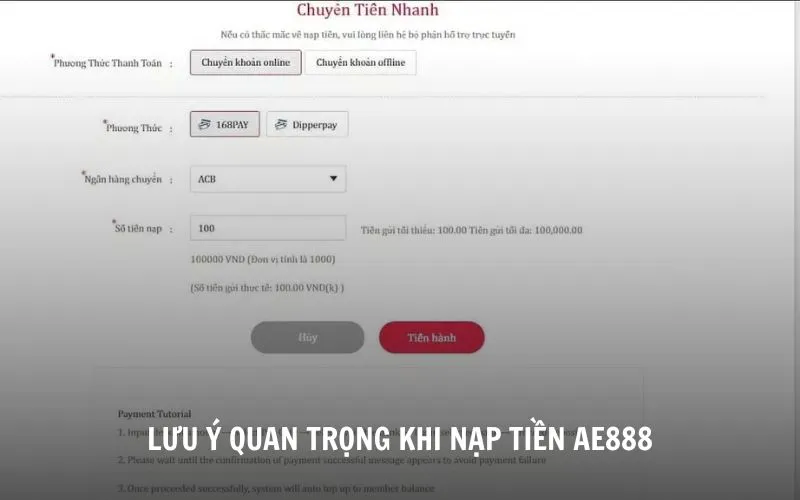 Nạp Tiền AE888 Đa Phương Thức - Hướng Dẫn Chi Tiết Một số lưu ý quan trọng khi nạp tiền AE888 cho thành viên